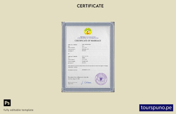 Plantilla PSD de certificado de matrimonio de Madagascar listo para imprimir